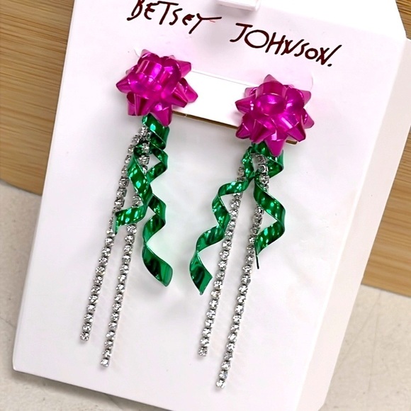 Brand New Betsey Johnson Metallic Pink Bow Ribbon Dangly Rhinestone Earrings - Picture 4 of 11